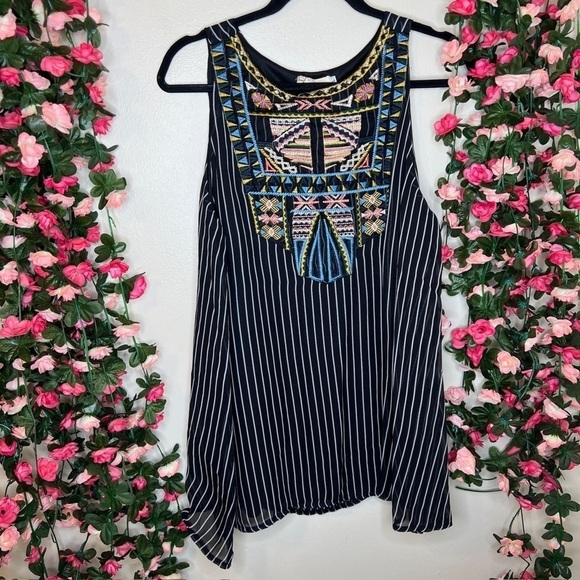 NWT Southern Stitch Black White Bohemian Spaghetti Strap Blouse Boho Western L - Picture 1 of 10